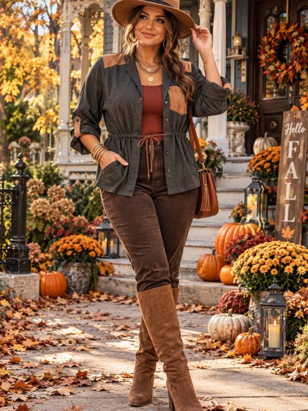 Women's Charcoal Gray Utility Jacket with Brown Trim